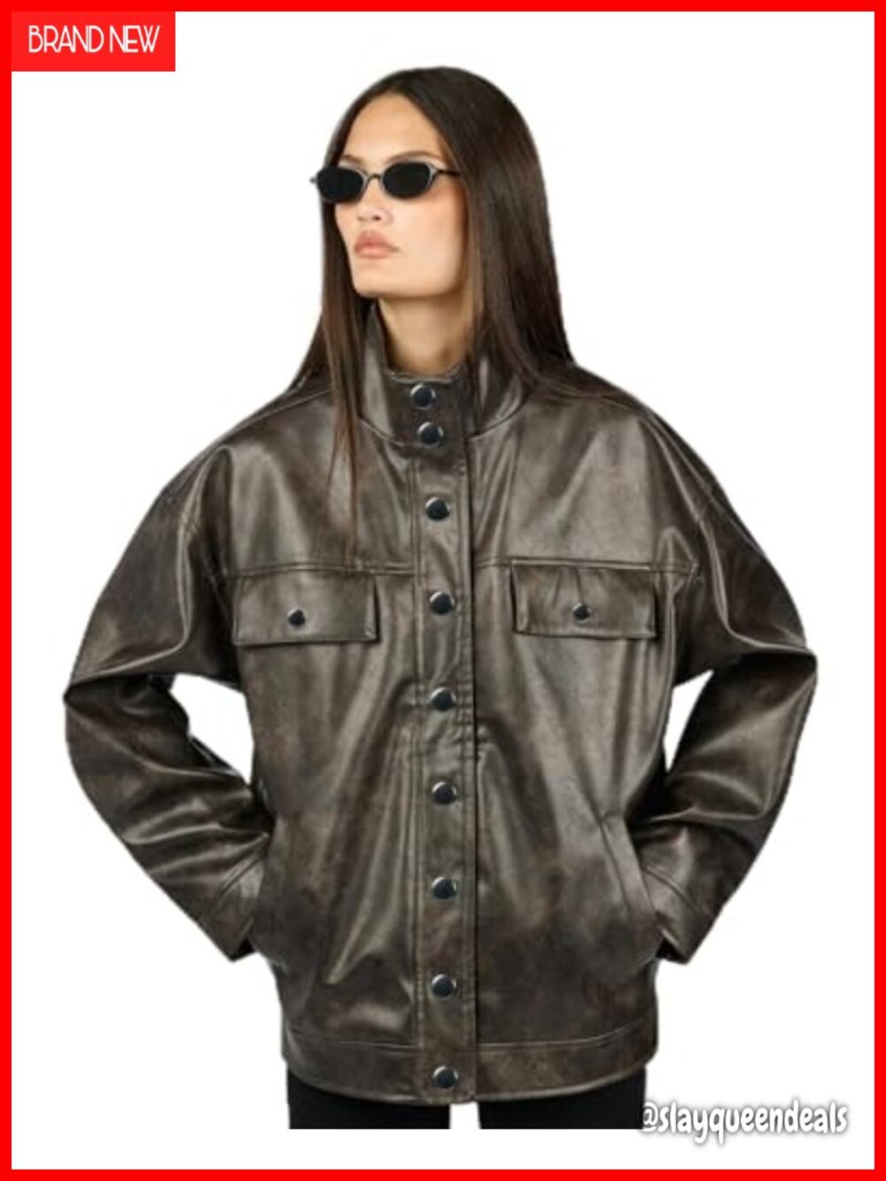 WEWOREWHAT Womens 90's Leather Jacket Long Sleeve Zip Up